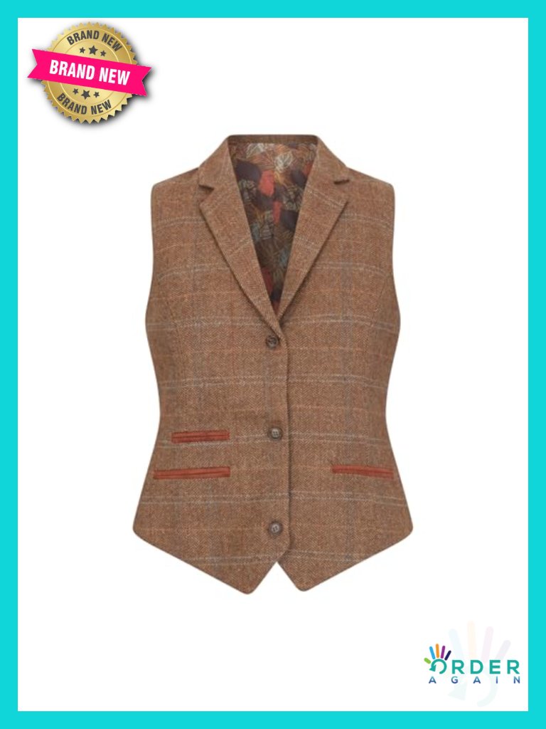 Wool Blend Tweed Herringbone Checkered Tailored Fit Ladies Vest Waistcoat